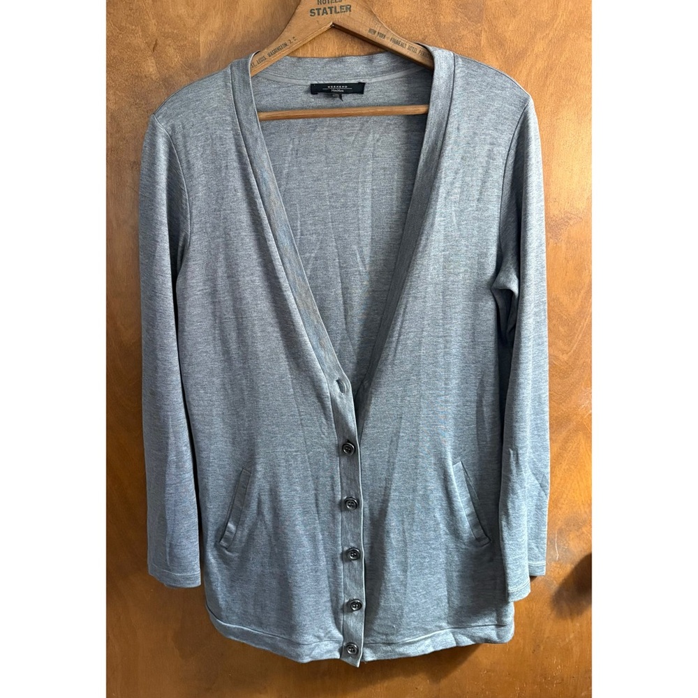 Weekend Max Mara Gray Silk Boyfriend Cardigan Sweater Preppy Academia Old Money